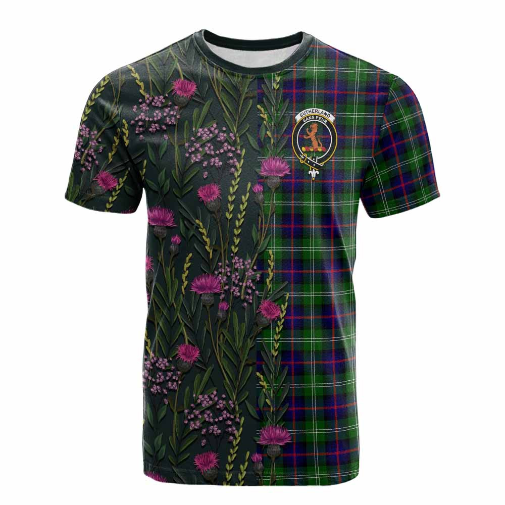 ScotsTee Shop Scottish Sutherland Family Crest Tartan T-shirt Scottish Thistle Flower Half Style
