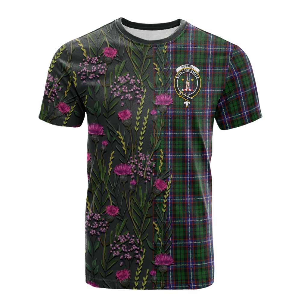 ScotsTee Shop Scottish Russell Family Crest Tartan T-shirt Scottish Thistle Flower Half Style