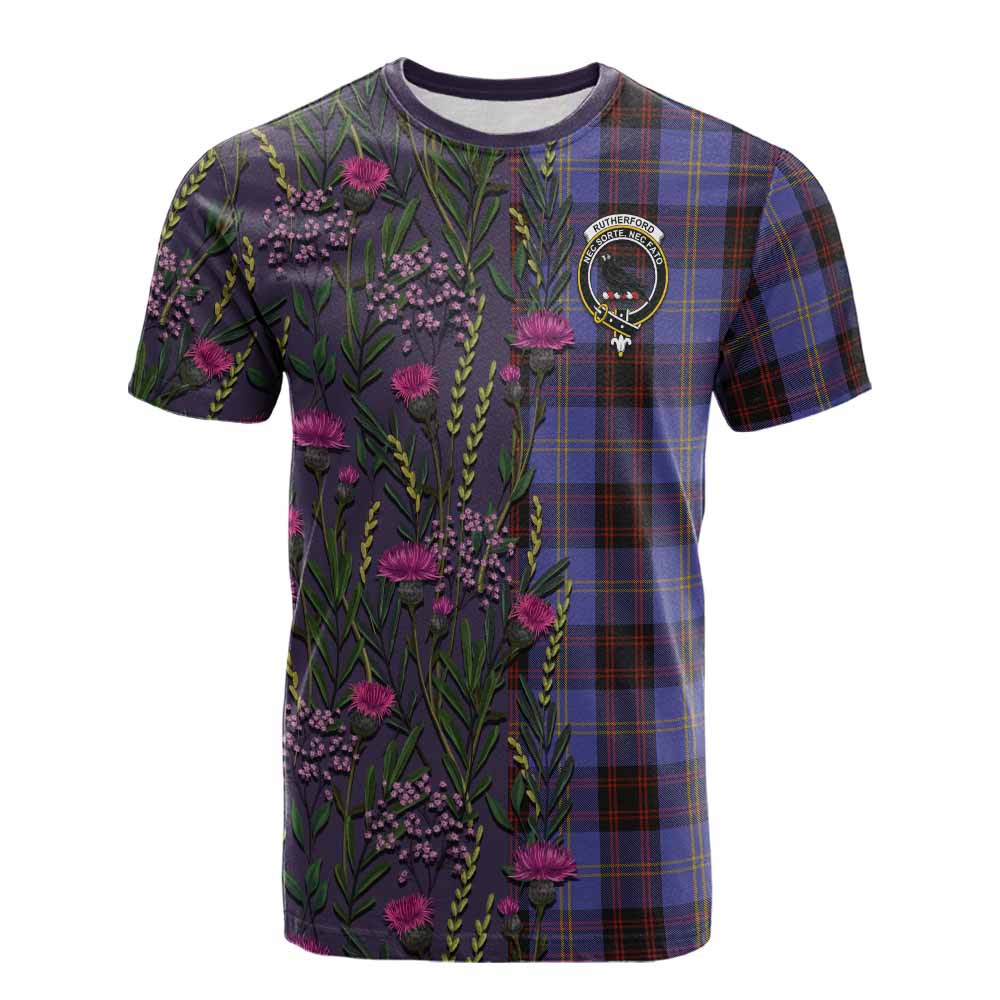 ScotsTee Shop Scottish Rutherford Family Crest Tartan T-shirt Scottish Thistle Flower Half Style