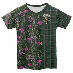 ScotsTee Shop Scottish MacAlpine (MacAlpin) Family Crest Tartan T-shirt Scottish Thistle Flower Half Style