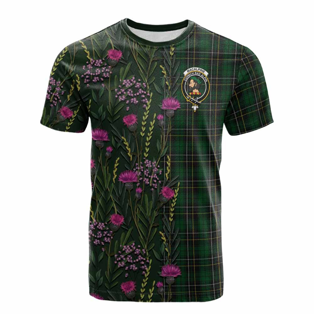 ScotsTee Shop Scottish MacAlpine (MacAlpin) Family Crest Tartan T-shirt Scottish Thistle Flower Half Style