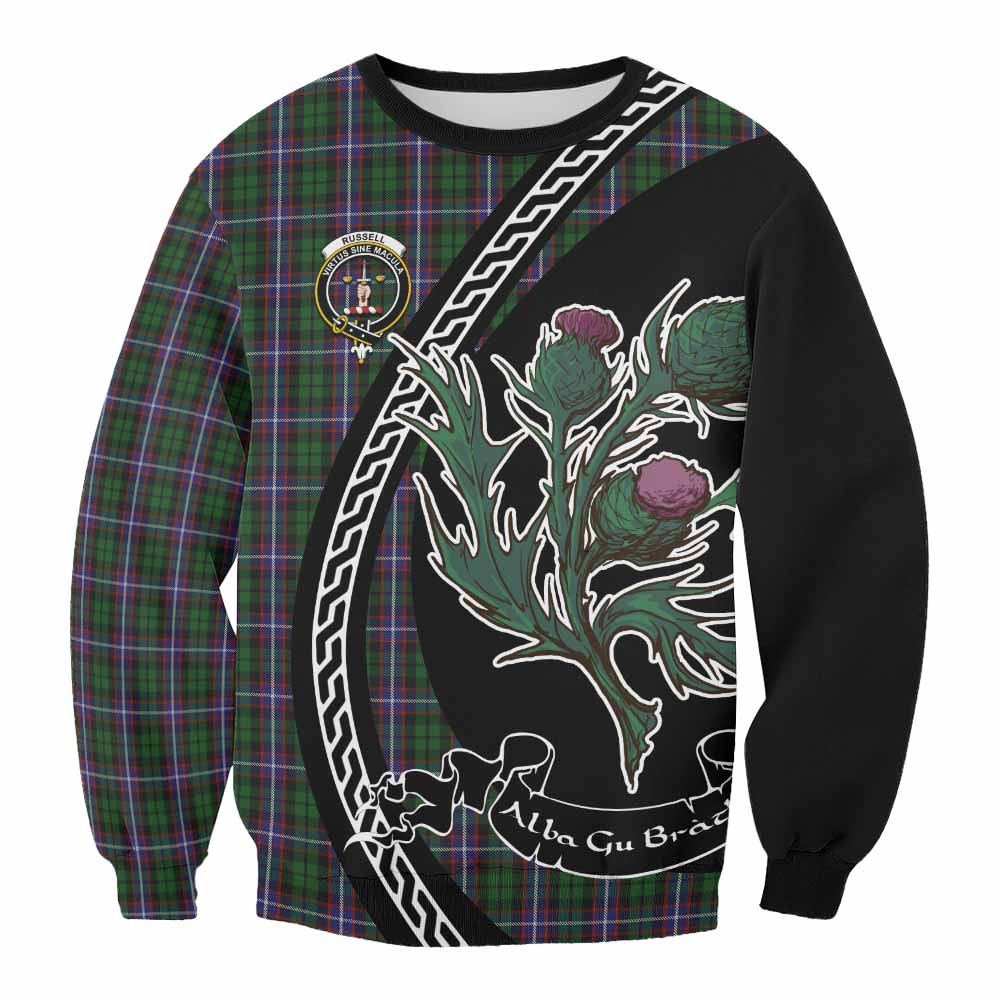 ScotsTee Shop Russell Family Crest Tartan Sweatshirt Alba Thistle Inspired