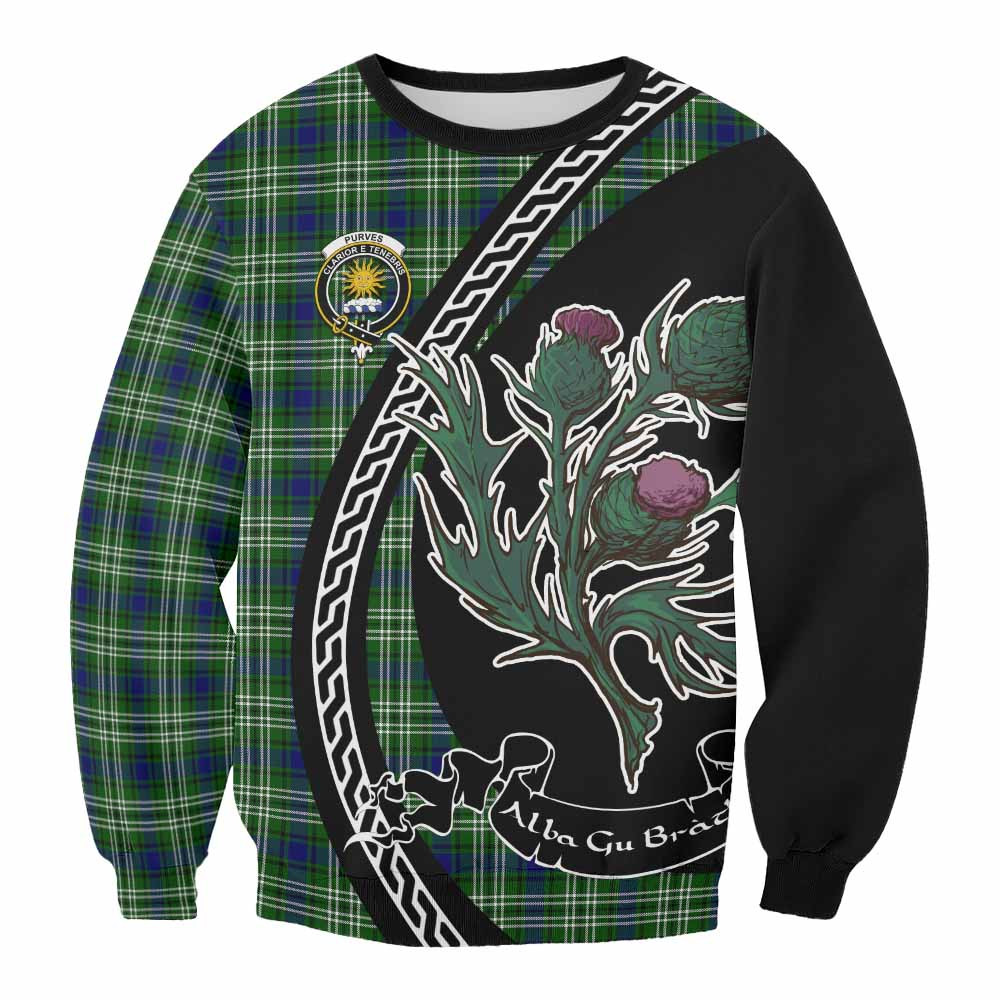 ScotsTee Shop Purves Family Crest Tartan Sweatshirt Alba Thistle Inspired