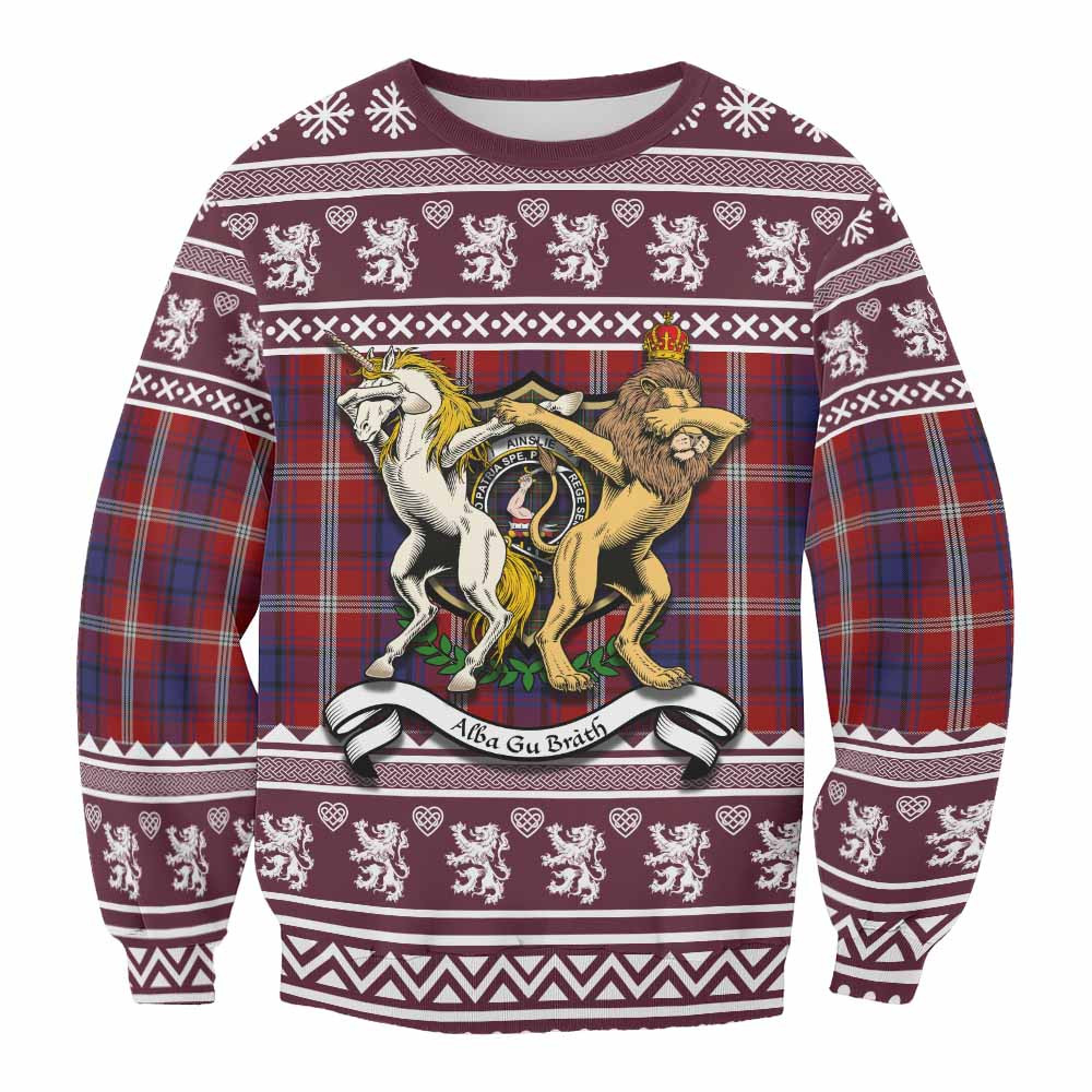 ScotsTee Shop Ainslie Clan Tartan Crest Christmas Sweatshirt Coat of Arms Funny Style