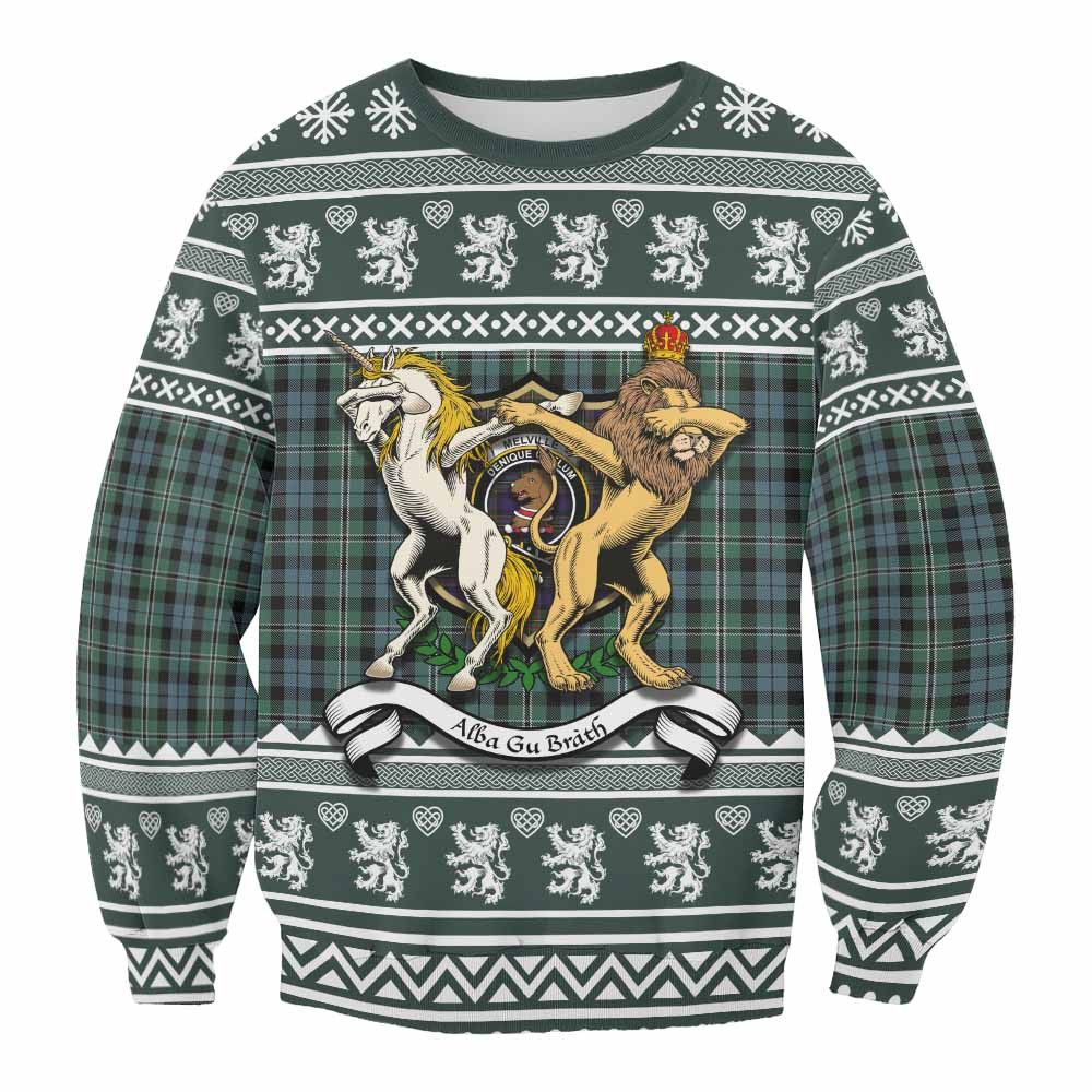 ScotsTee Shop Melville Clan Tartan Crest Christmas Sweatshirt Coat of Arms Funny Style