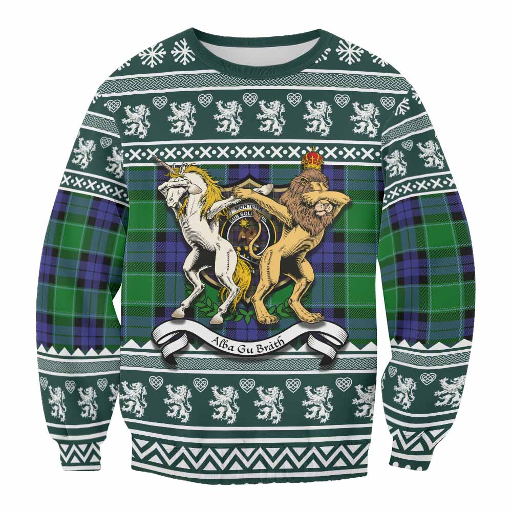 ScotsTee Shop Monteith Clan Tartan Crest Christmas Sweatshirt Coat of Arms Funny Style