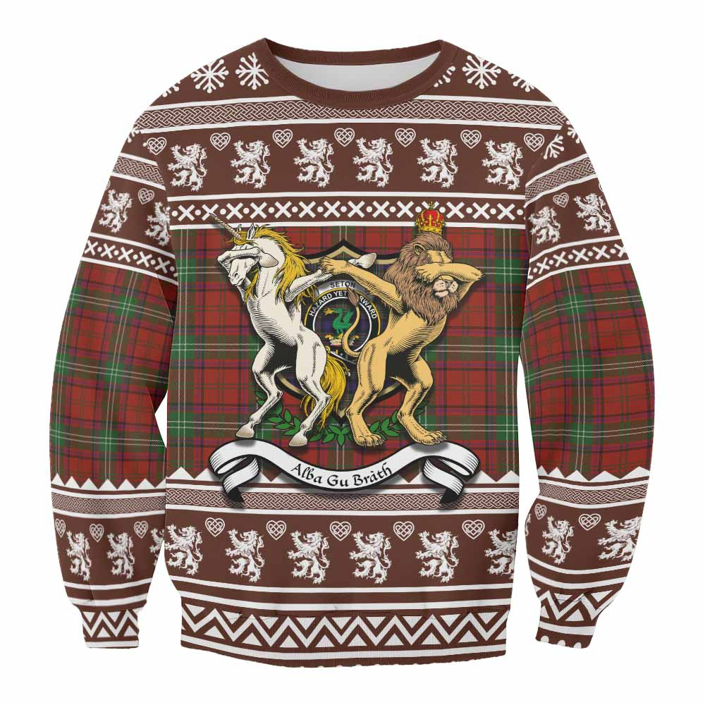 ScotsTee Shop Seton Clan Tartan Crest Christmas Sweatshirt Coat of Arms Funny Style