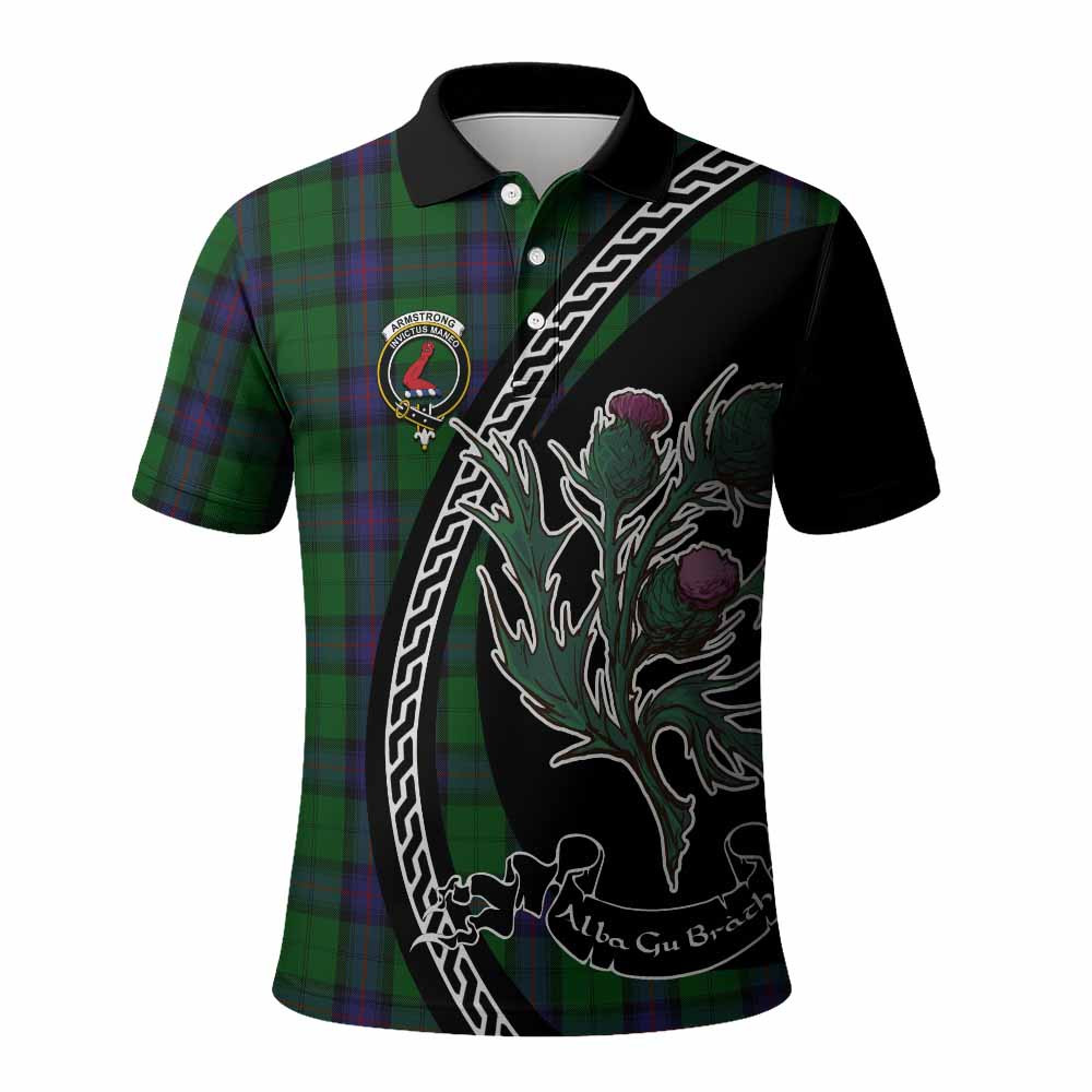 ScotsTee Shop Scottish Armstrong Family Crest Tartan Long Sleeve Polo Shirt Alba Thistle Inspired