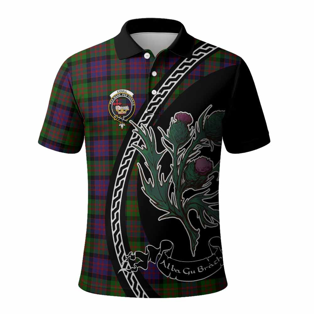 ScotsTee Shop Scottish Coull Family Crest Tartan Long Sleeve Polo Shirt Alba Thistle Inspired