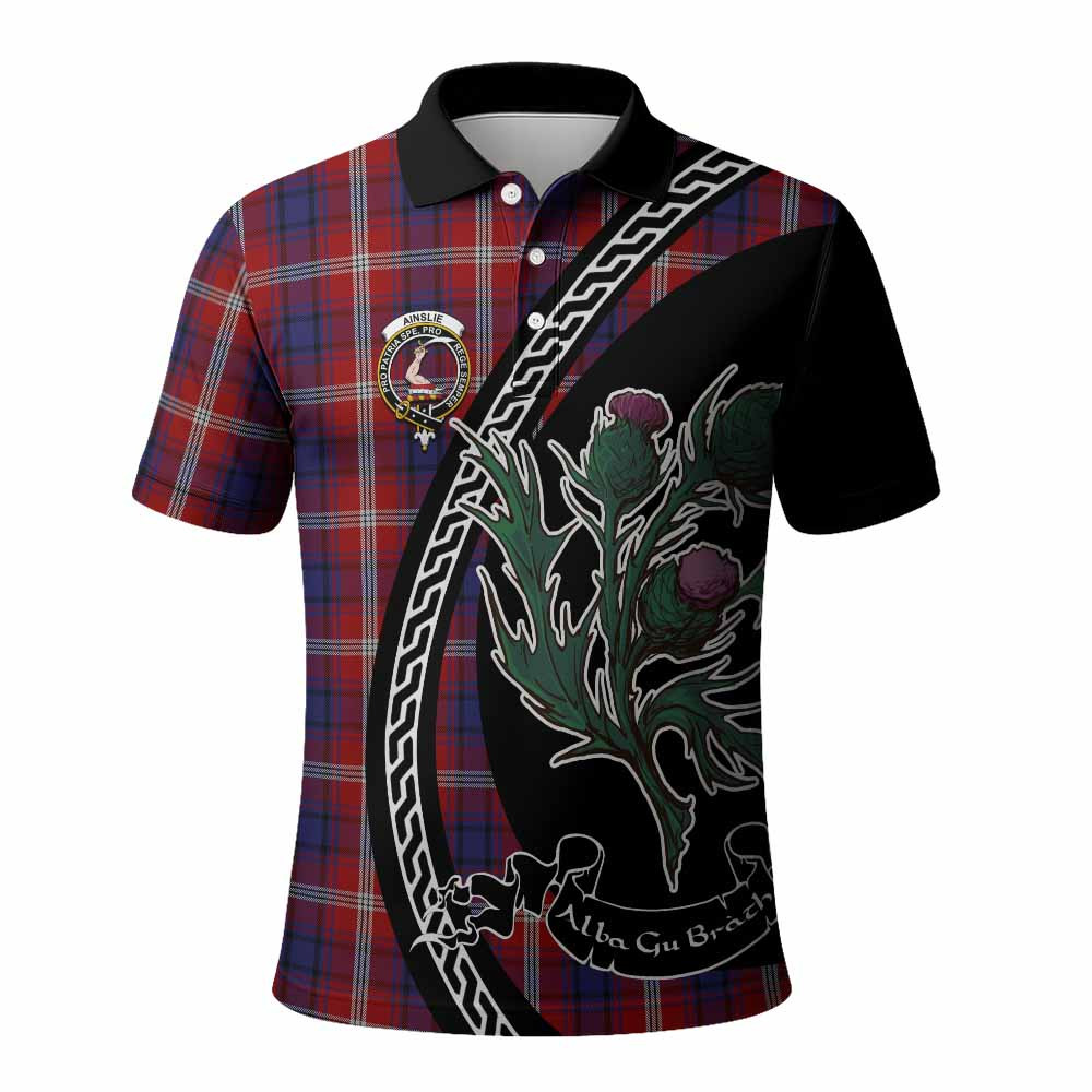 ScotsTee Shop Scottish Ainslie Family Crest Tartan Long Sleeve Polo Shirt Alba Thistle Inspired