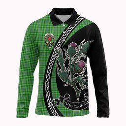 ScotsTee Shop Scottish Currie Family Crest Tartan Long Sleeve Polo Shirt Alba Thistle Inspired