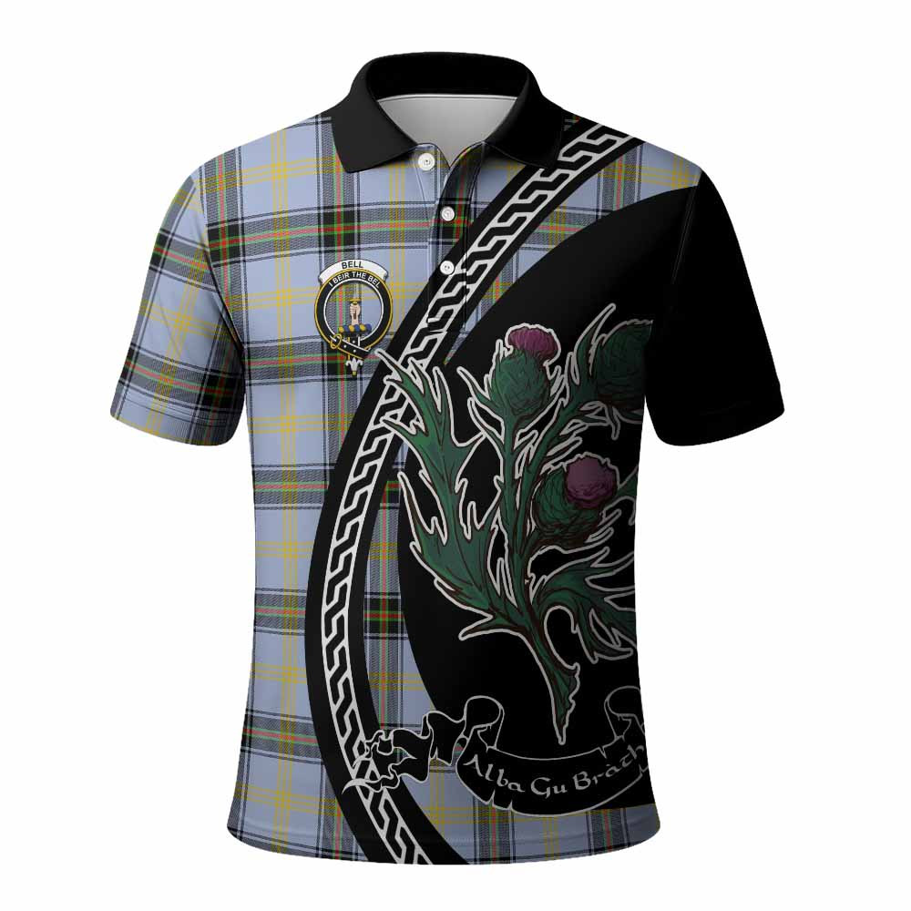 ScotsTee Shop Scottish Bell Family Crest Tartan Long Sleeve Polo Shirt Alba Thistle Inspired