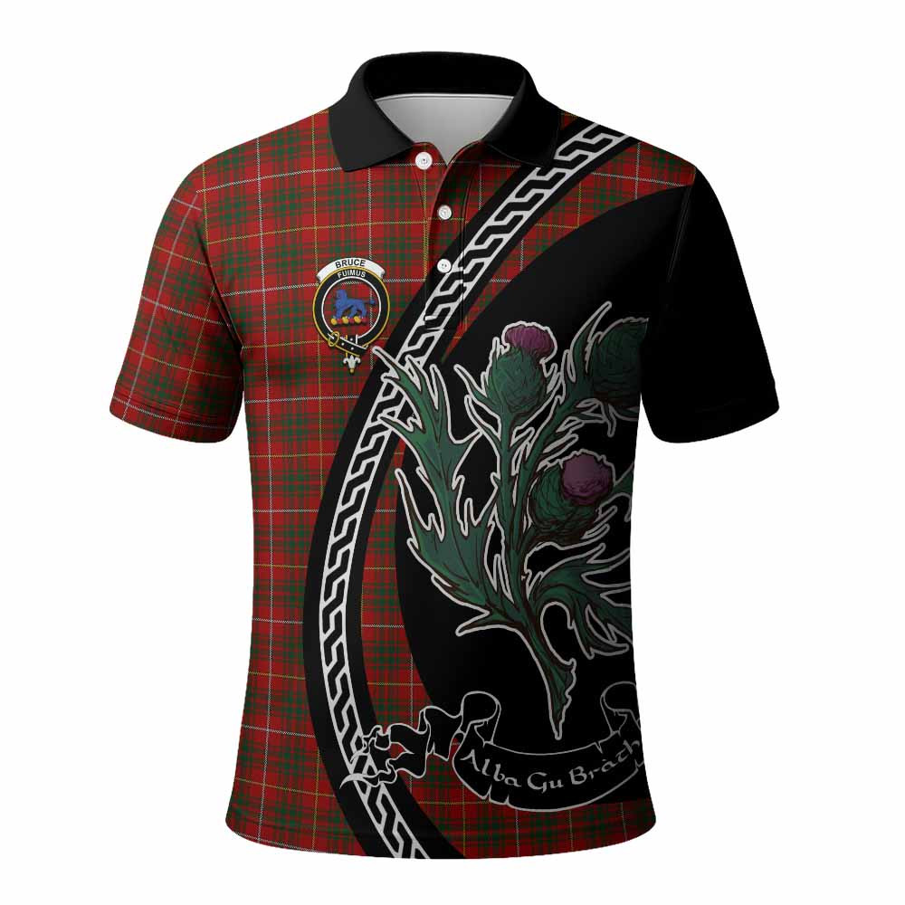 ScotsTee Shop Scottish Bruce Family Crest Tartan Long Sleeve Polo Shirt Alba Thistle Inspired
