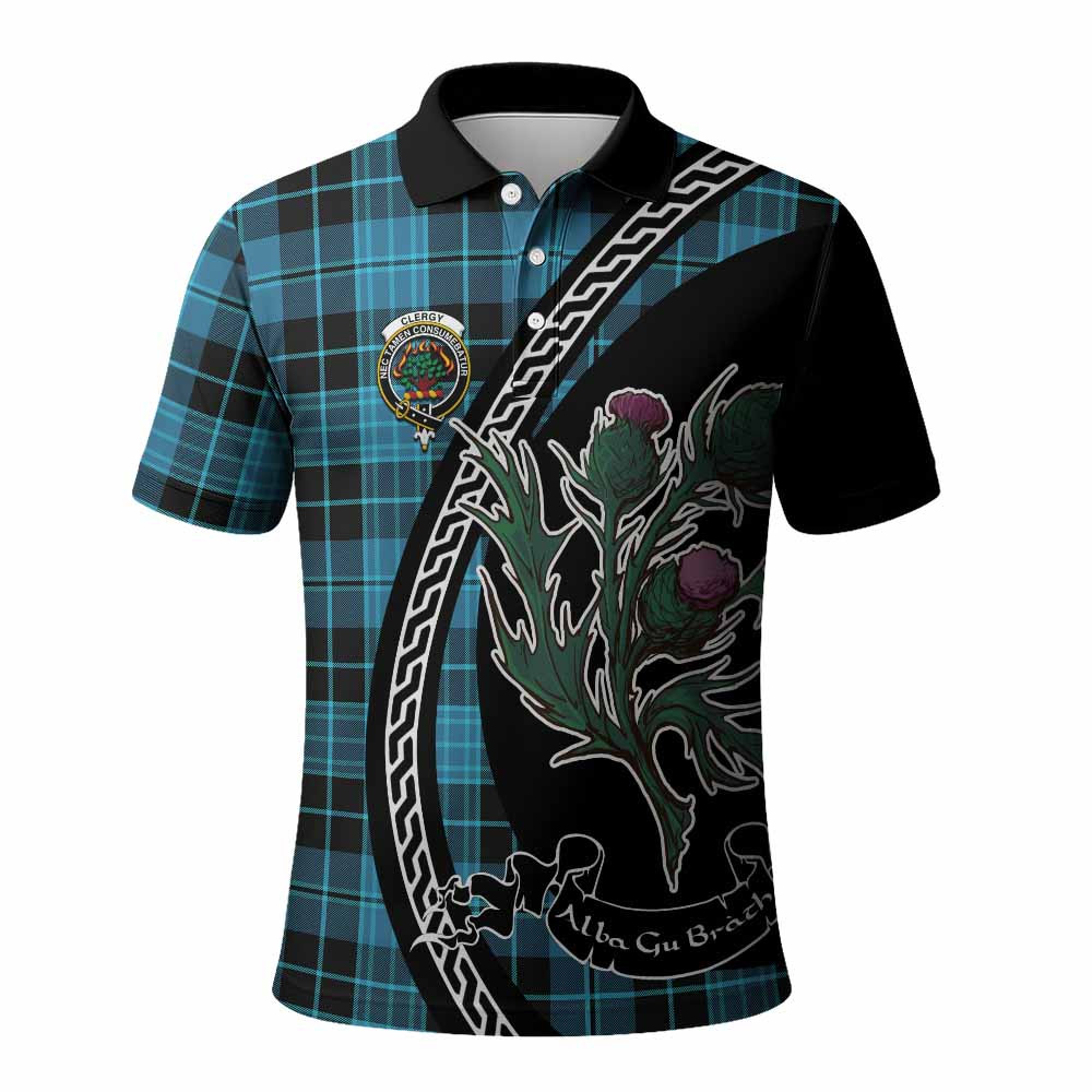 ScotsTee Shop Scottish Clergy Family Crest Tartan Long Sleeve Polo Shirt Alba Thistle Inspired