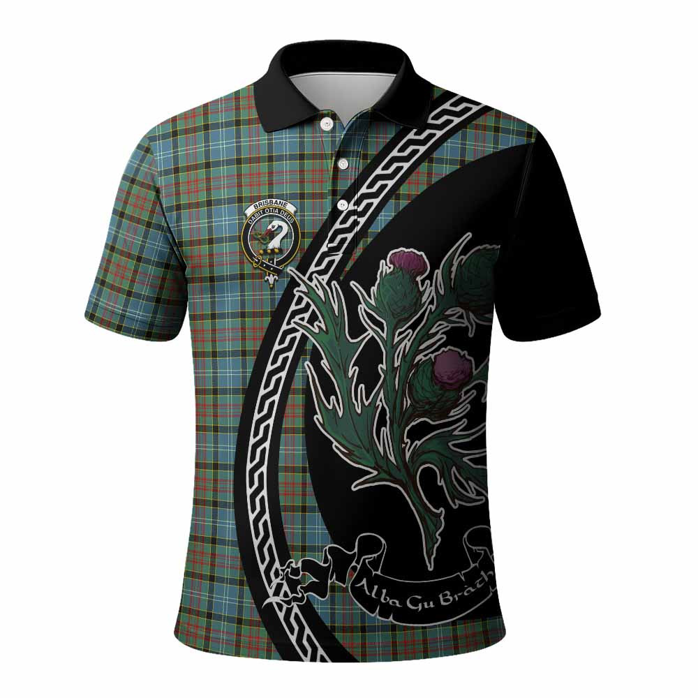 ScotsTee Shop Scottish Brisbane Family Crest Tartan Long Sleeve Polo Shirt Alba Thistle Inspired