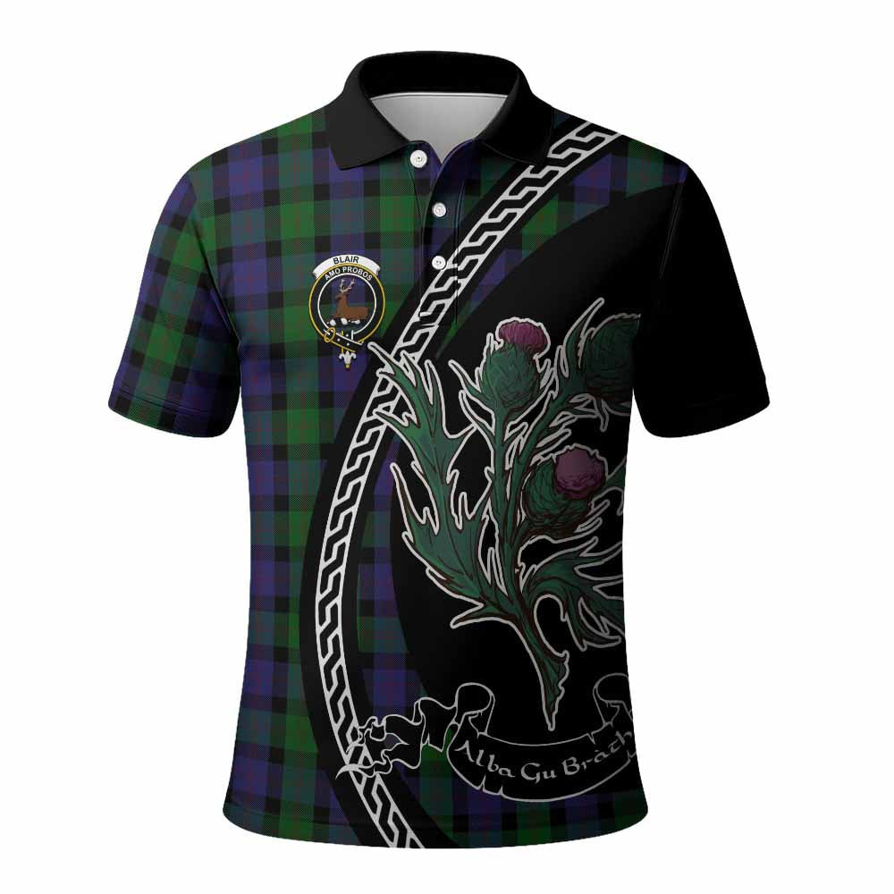 ScotsTee Shop Scottish Blair Family Crest Tartan Long Sleeve Polo Shirt Alba Thistle Inspired