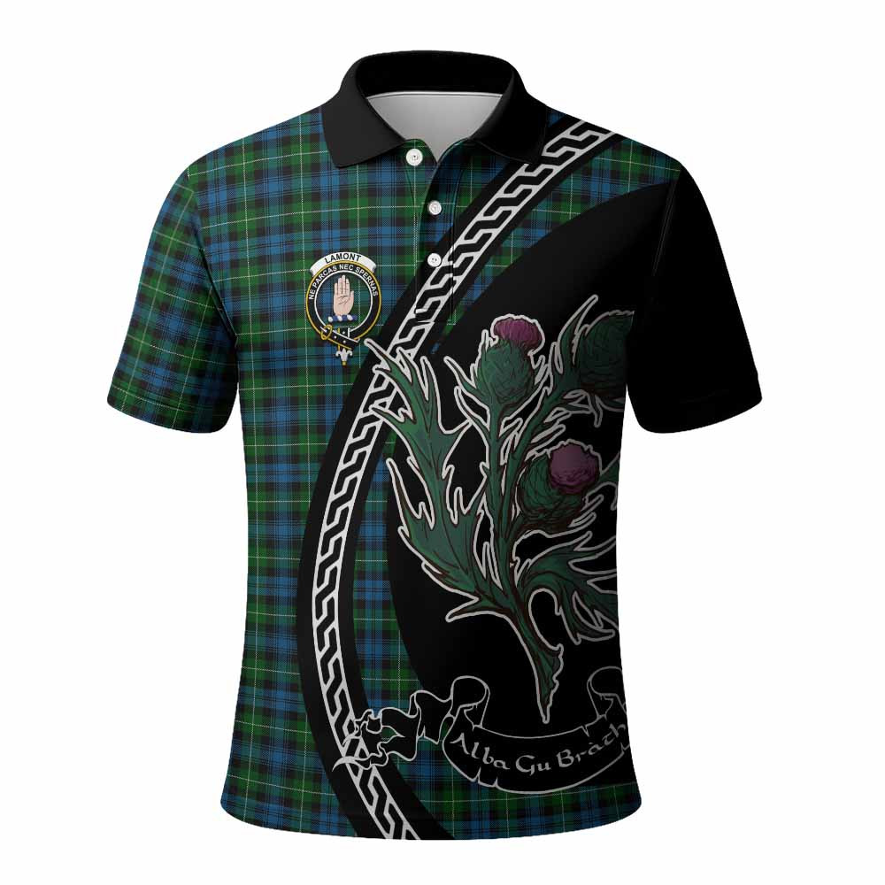 ScotsTee Shop Scottish Lamont Family Crest Tartan Long Sleeve Polo Shirt Alba Thistle Inspired