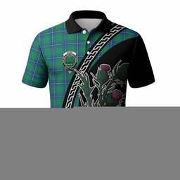 ScotsTee Shop Scottish Irvine Family Crest Tartan Long Sleeve Polo Shirt Alba Thistle Inspired