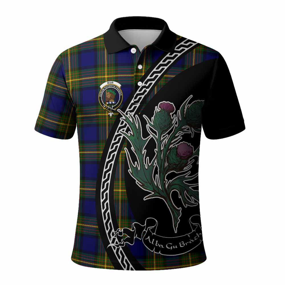 ScotsTee Shop Scottish Muir Family Crest Tartan Long Sleeve Polo Shirt Alba Thistle Inspired