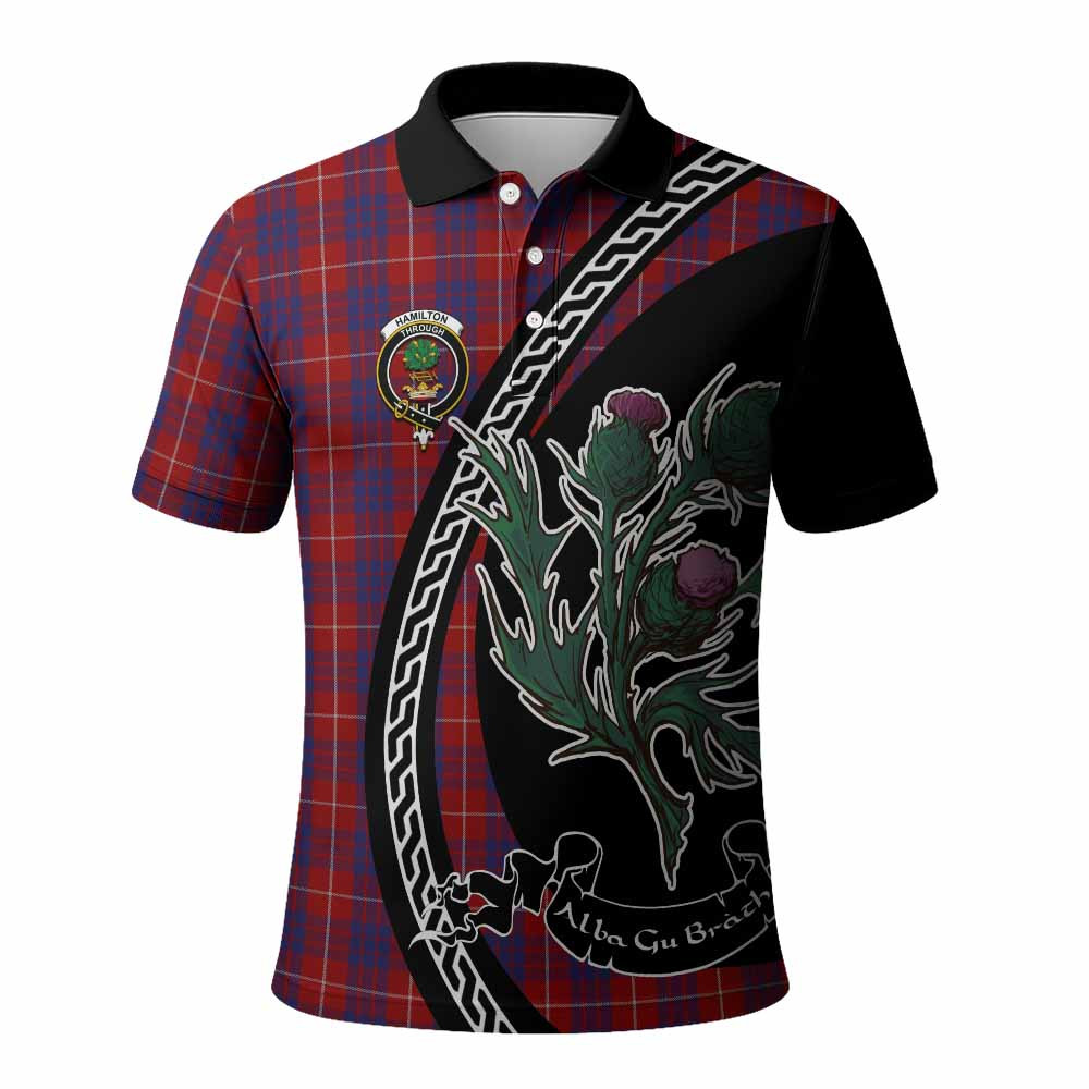 ScotsTee Shop Scottish Hamilton Family Crest Tartan Long Sleeve Polo Shirt Alba Thistle Inspired