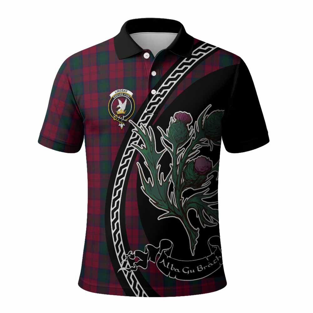 ScotsTee Shop Scottish Lindsay Family Crest Tartan Long Sleeve Polo Shirt Alba Thistle Inspired