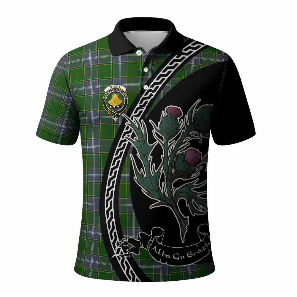 ScotsTee Shop Scottish Pringle Family Crest Tartan Long Sleeve Polo Shirt Alba Thistle Inspired