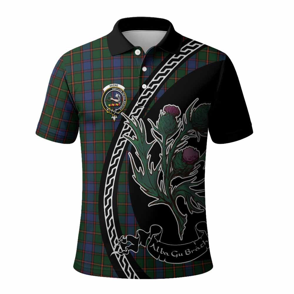 ScotsTee Shop Scottish Skene Family Crest Tartan Long Sleeve Polo Shirt Alba Thistle Inspired