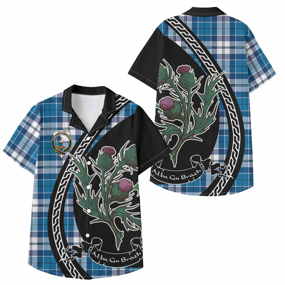 ScotsTee Shop Hutton Family Crest Tartan Kid Hawaiian Shirt Alba Thistle Inspired