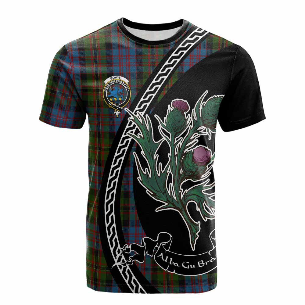 ScotsTee Shop Scottish Bowie Family Crest Tartan Cotton T-shirt Alba Thistle Inspired