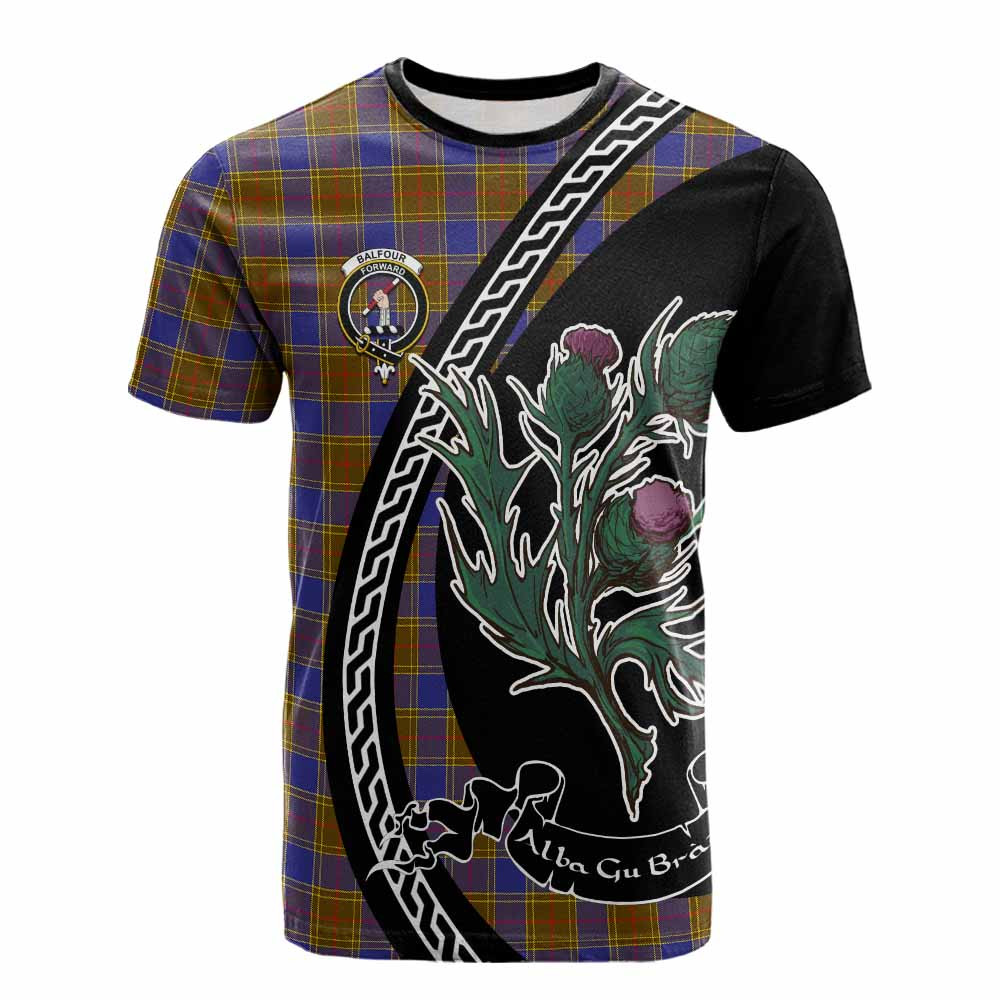 ScotsTee Shop Scottish Balfour Family Crest Tartan Cotton T-shirt Alba Thistle Inspired