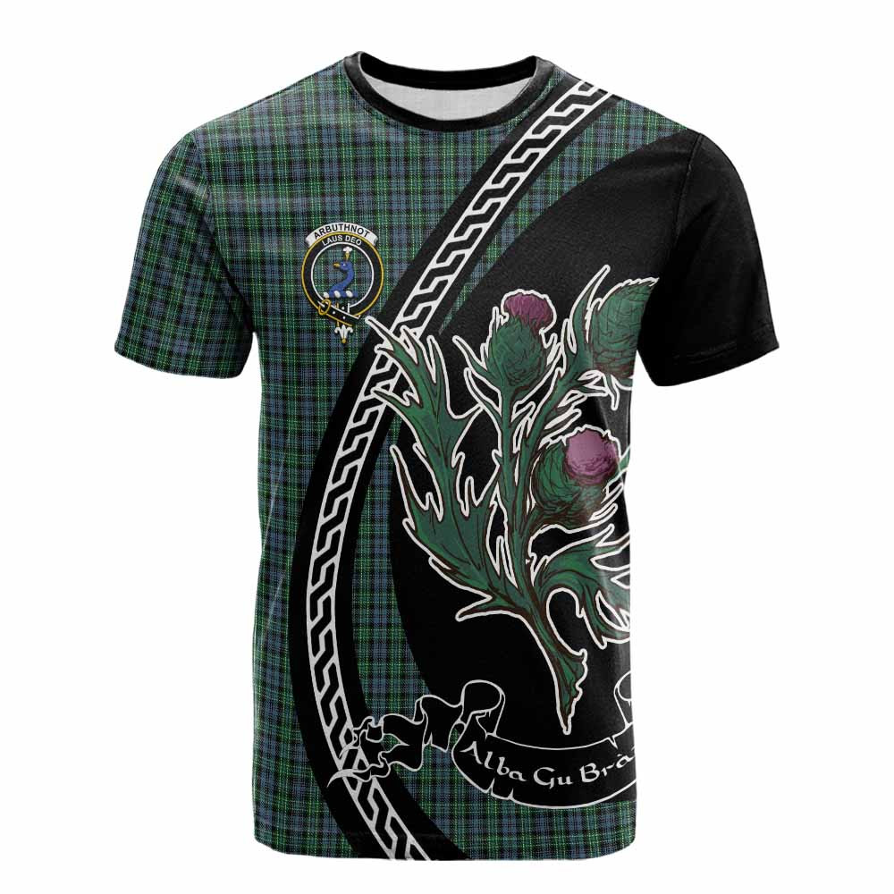 ScotsTee Shop Scottish Arbuthnot Family Crest Tartan Cotton T-shirt Alba Thistle Inspired