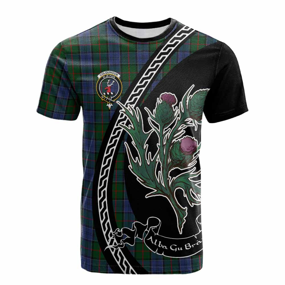 ScotsTee Shop Scottish Colquhoun Family Crest Tartan Cotton T-shirt Alba Thistle Inspired