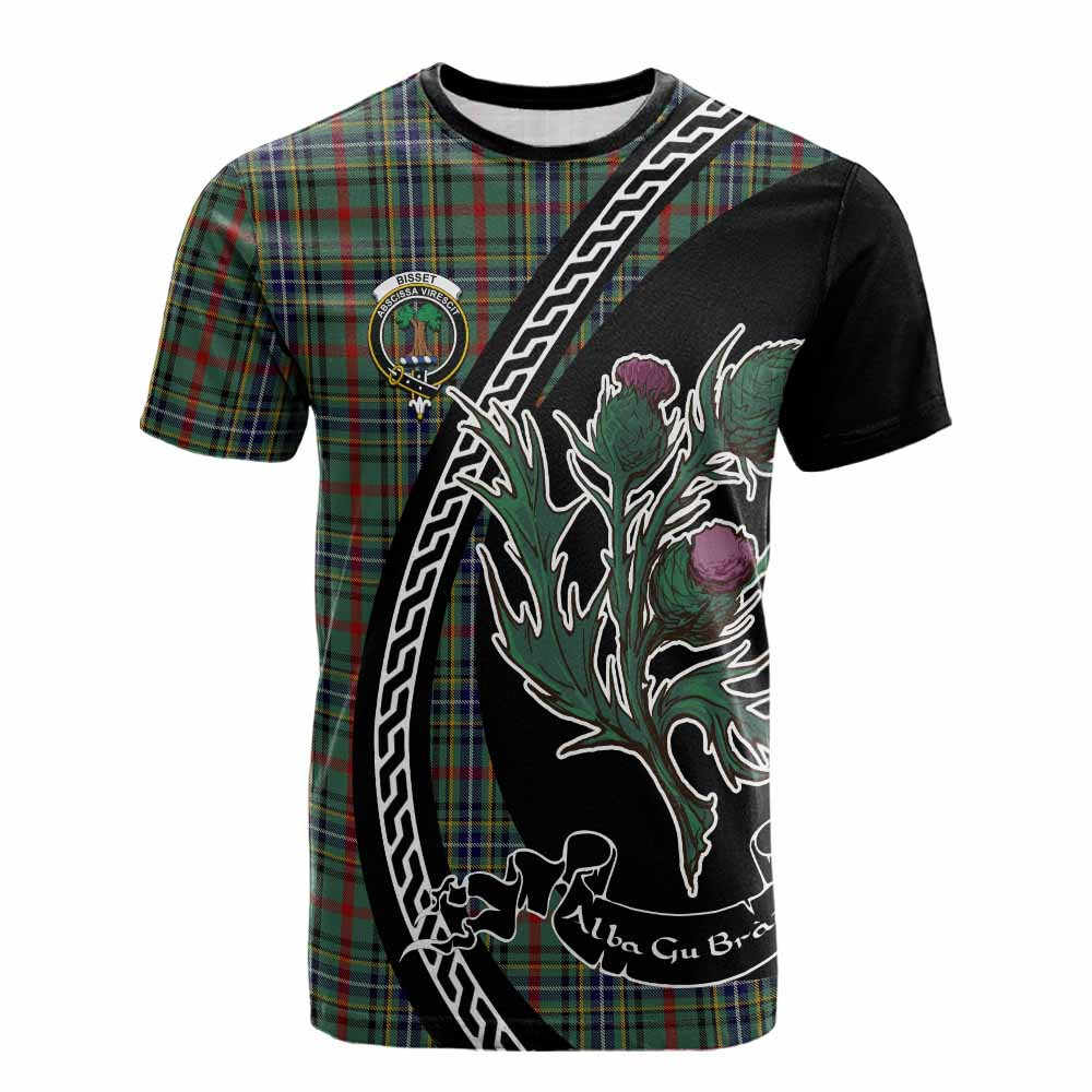 ScotsTee Shop Scottish Bisset Family Crest Tartan Cotton T-shirt Alba Thistle Inspired