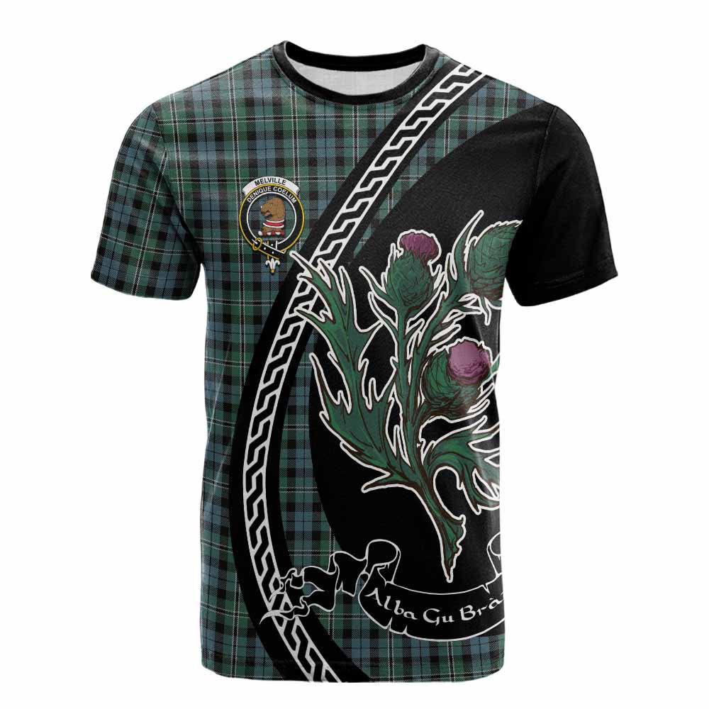 ScotsTee Shop Scottish Melville Family Crest Tartan Cotton T-shirt Alba Thistle Inspired