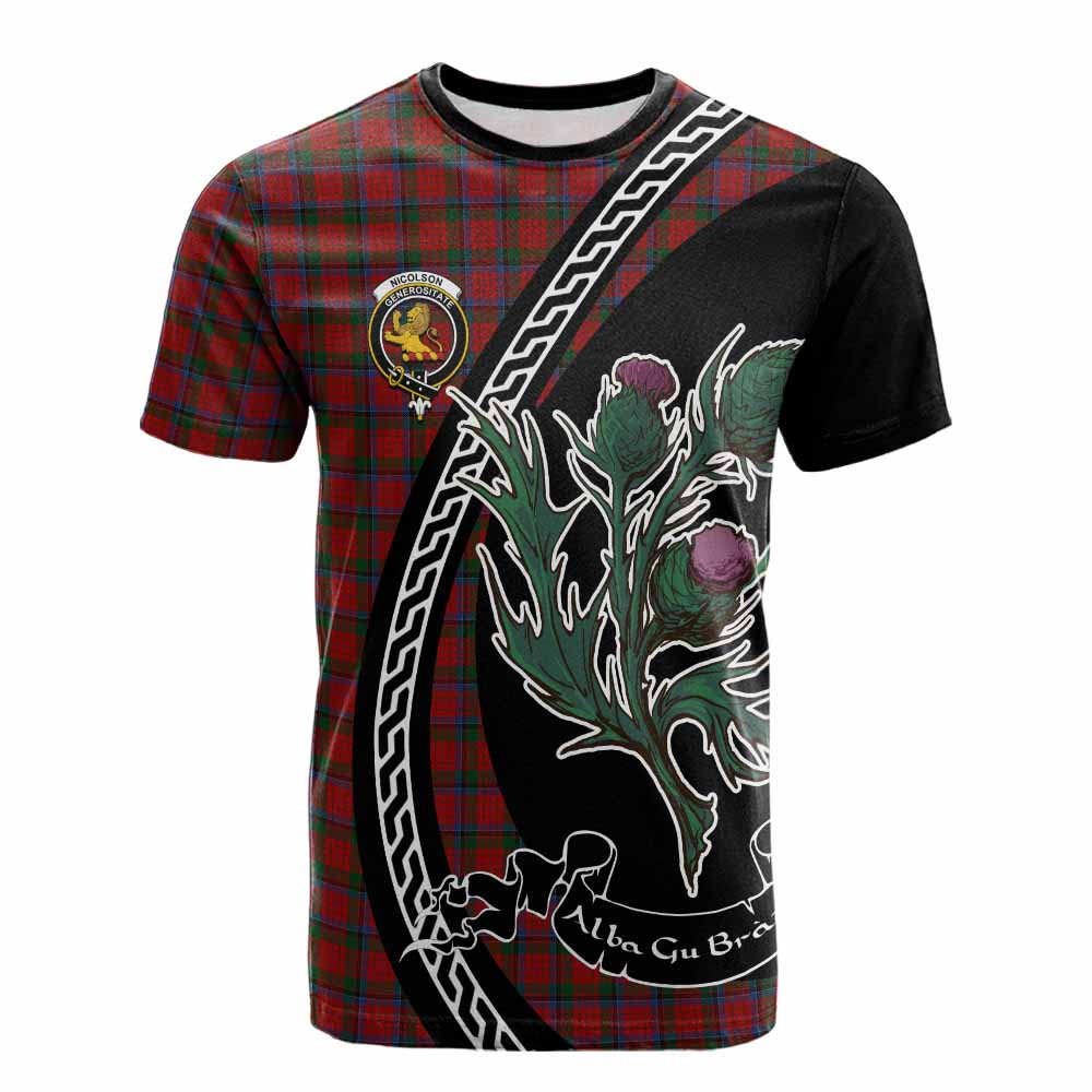 ScotsTee Shop Scottish Nicolson Family Crest Tartan Cotton T-shirt Alba Thistle Inspired