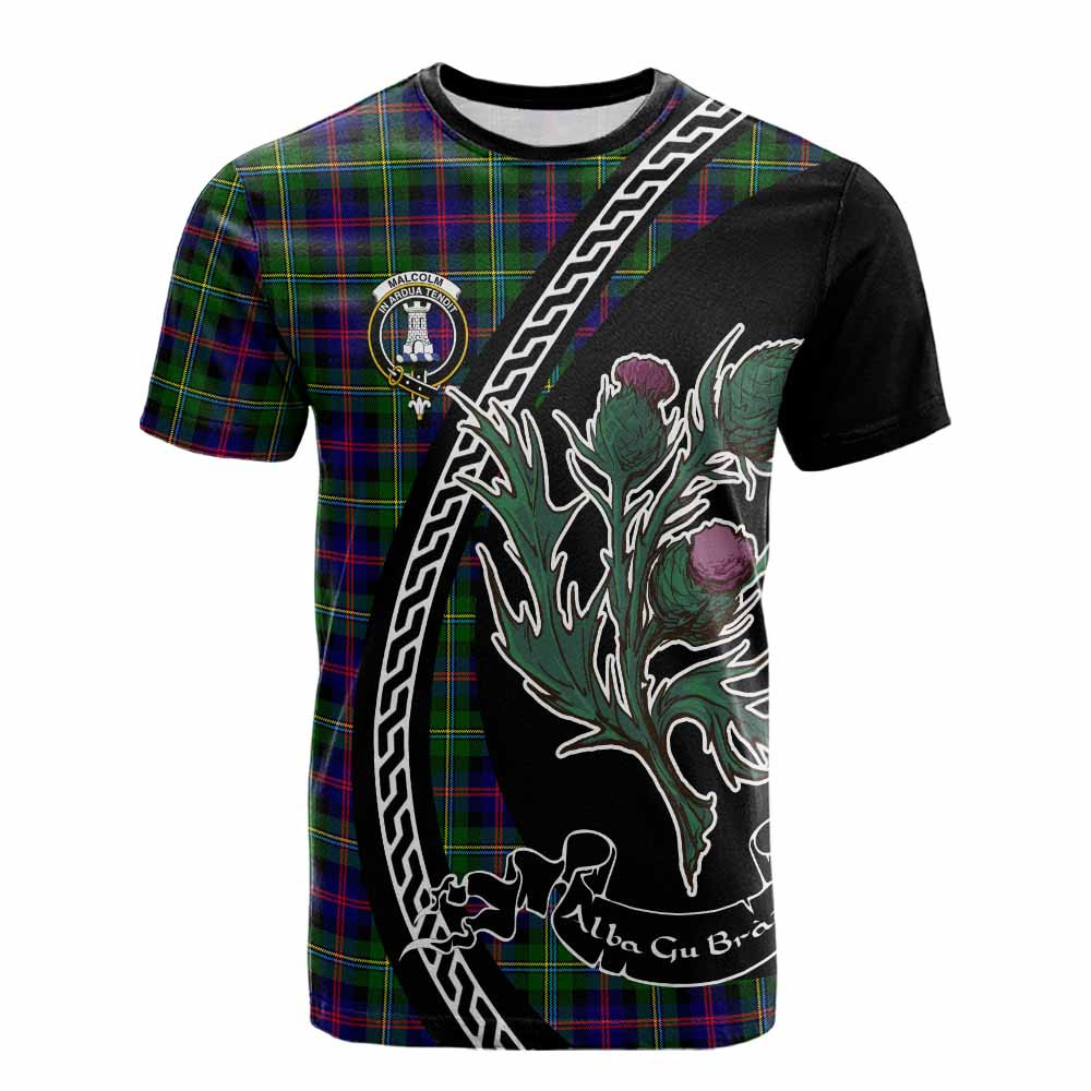 ScotsTee Shop Scottish Malcolm Family Crest Tartan Cotton T-shirt Alba Thistle Inspired