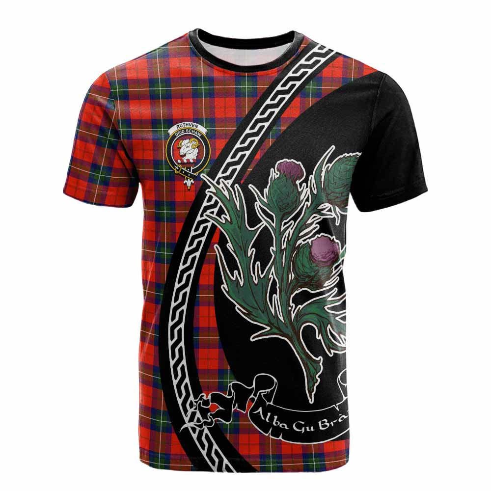 ScotsTee Shop Scottish Ruthven Family Crest Tartan Cotton T-shirt Alba Thistle Inspired