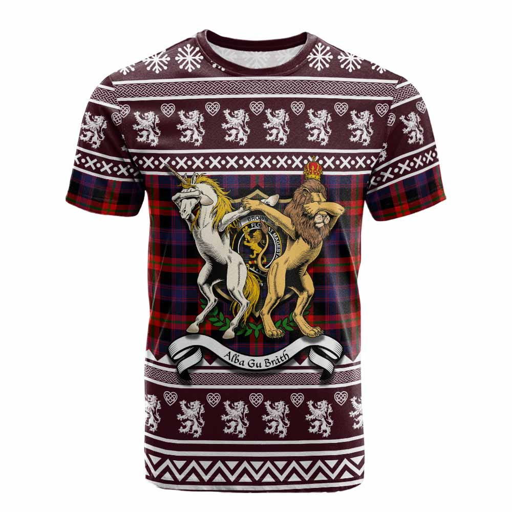 ScotsTee Shop Brown (Broun) Clan Tartan Crest Christmas Cotton T-shirt Coat of Arms Funny Style