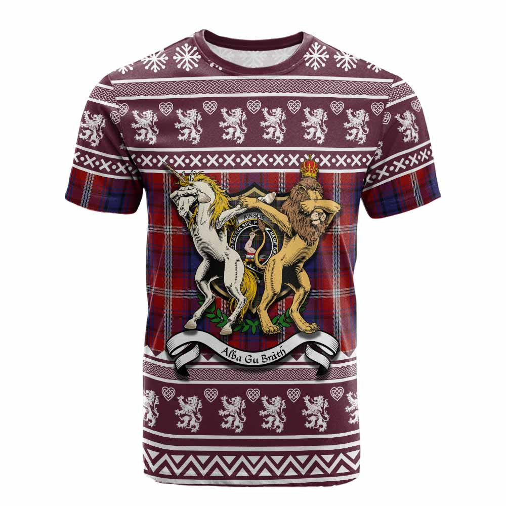 ScotsTee Shop Ainslie Clan Tartan Crest Christmas Cotton T-shirt Coat of Arms Funny Style