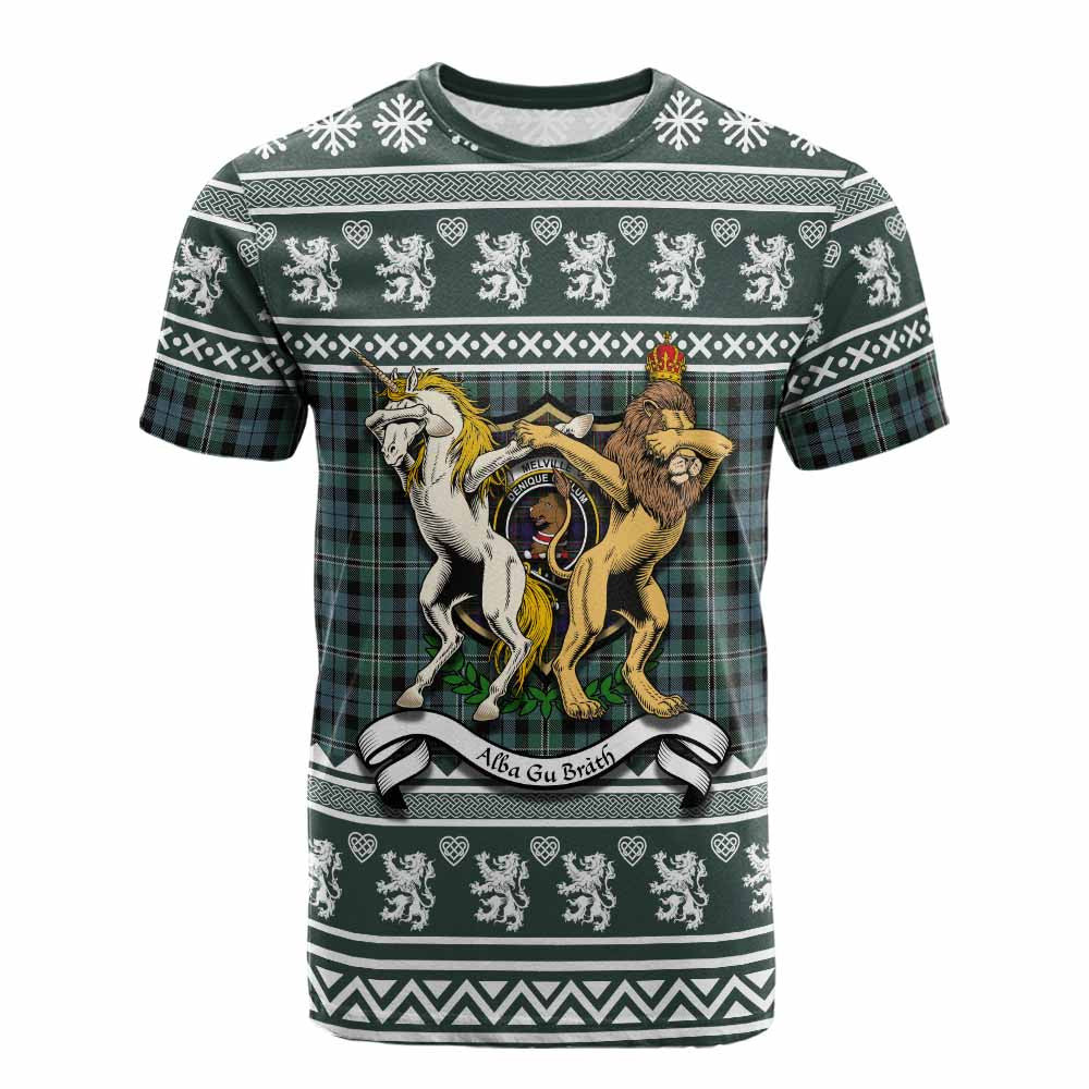 ScotsTee Shop Melville Clan Tartan Crest Christmas Cotton T-shirt Coat of Arms Funny Style