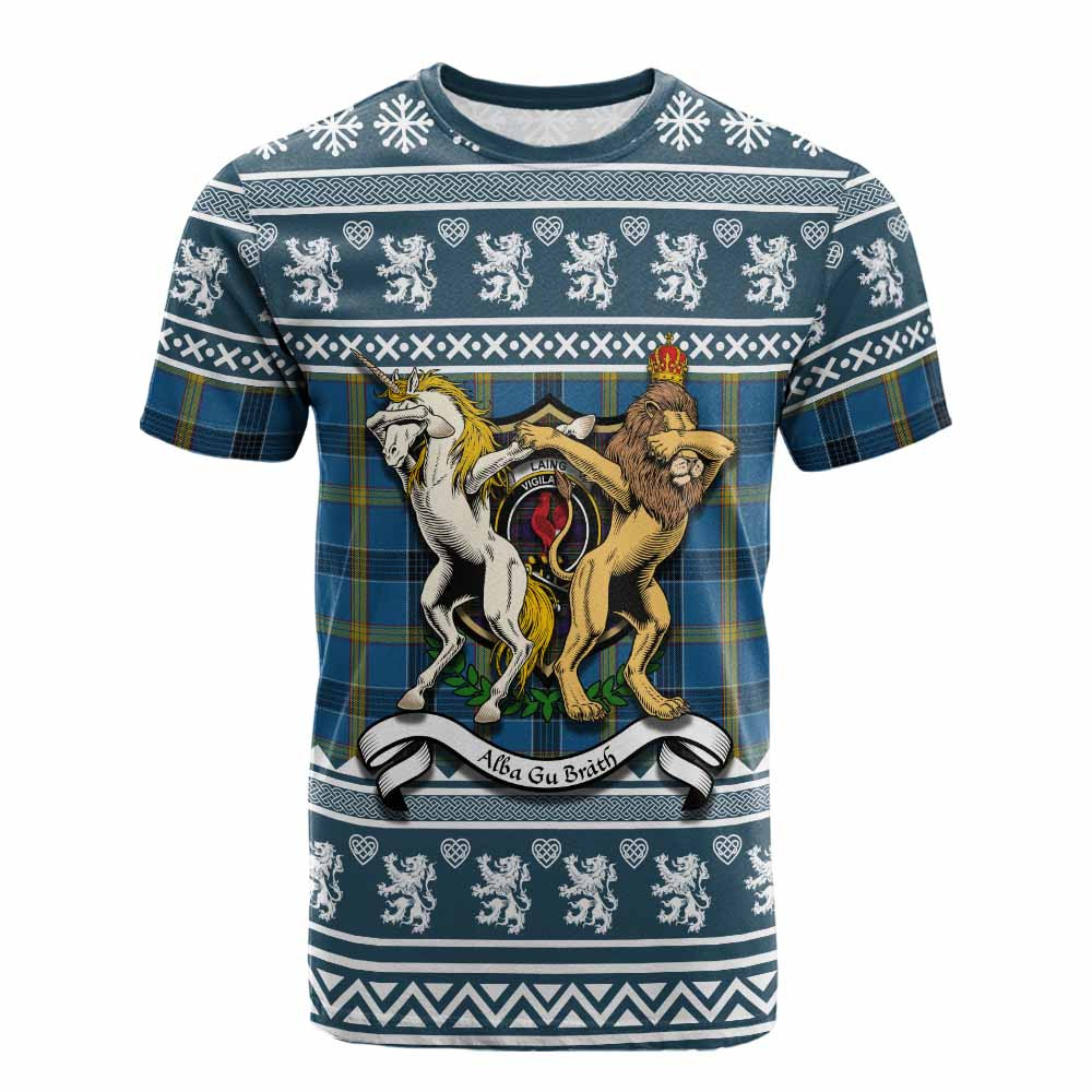 ScotsTee Shop Laing Clan Tartan Crest Christmas Cotton T-shirt Coat of Arms Funny Style