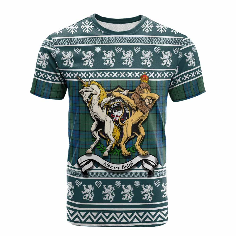 ScotsTee Shop Lockhart Clan Tartan Crest Christmas Cotton T-shirt Coat of Arms Funny Style