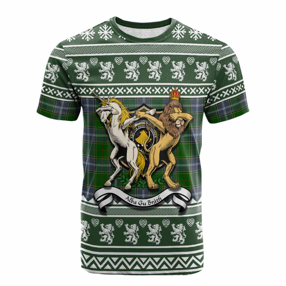 ScotsTee Shop Pringle Clan Tartan Crest Christmas Cotton T-shirt Coat of Arms Funny Style