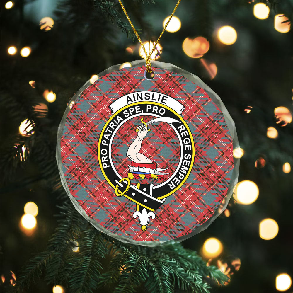 ScotsTee Shop Ainslie Weathered Clan Crest Tartan Glass Ornament