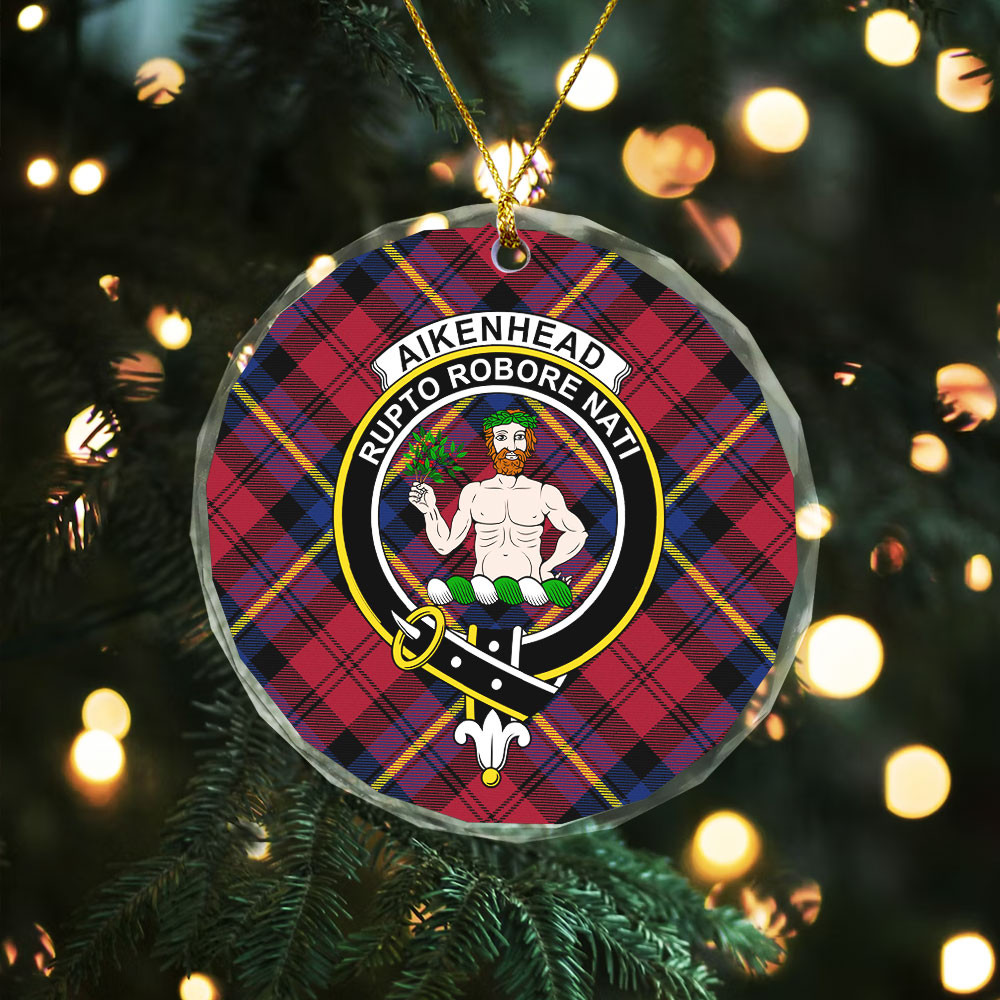 ScotsTee Shop Aitken Modern Clan Crest Tartan Glass Ornament