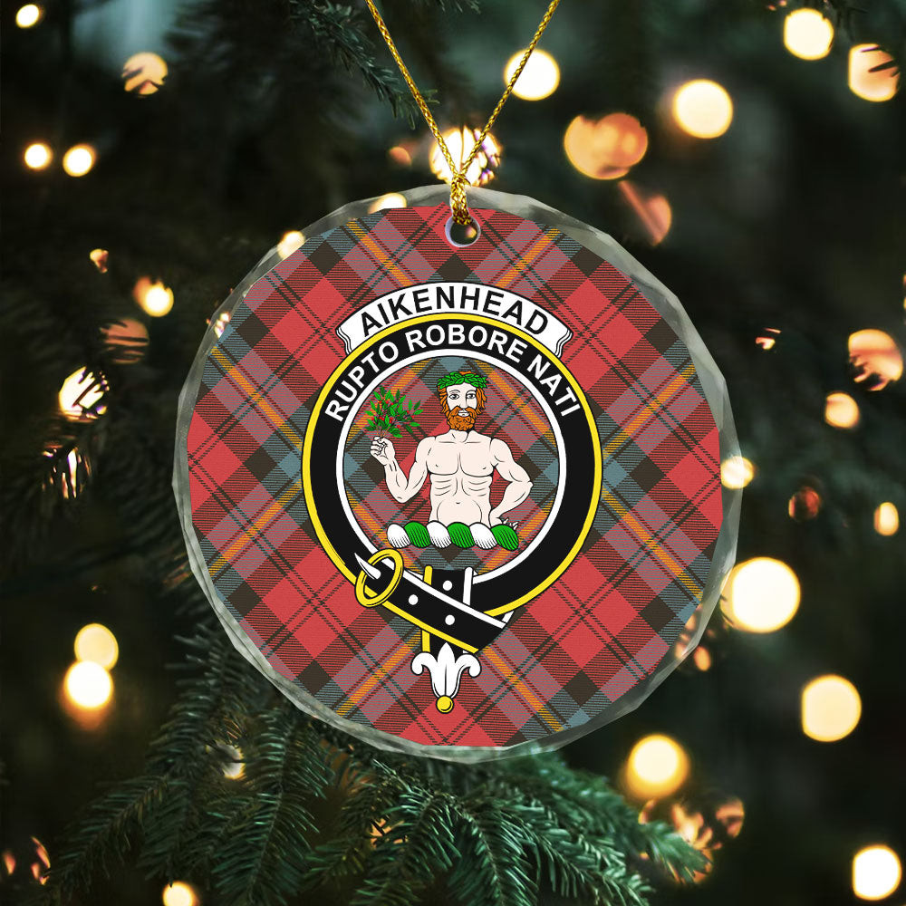 ScotsTee Shop Aitken Weathered Clan Crest Tartan Glass Ornament