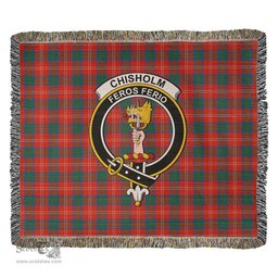 Chisholm Ancient Tartan Woven Blanket with Family Crest ScotsTee Shop - scotstee.com - Tartan Blankets