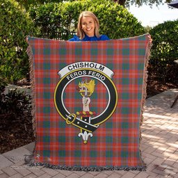 Chisholm Ancient Tartan Woven Blanket with Family Crest ScotsTee Shop - scotstee.com - Tartan Blankets