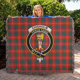 Chisholm Ancient Tartan Woven Blanket with Family Crest ScotsTee Shop - scotstee.com - Tartan Blankets