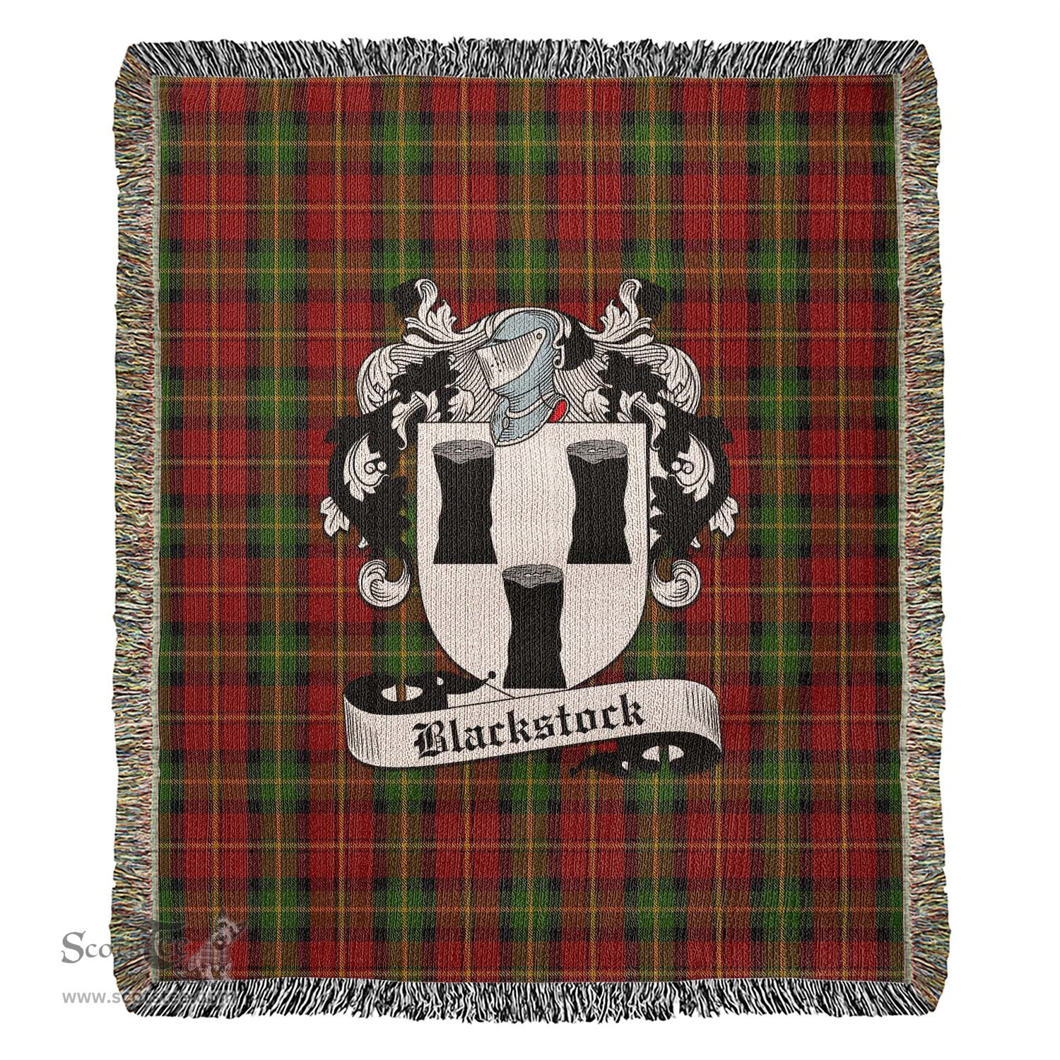 Blackstock Red Dress Tartan Woven Blanket with Family Crest ScotsTee Shop - scotstee.com - Tartan Blankets